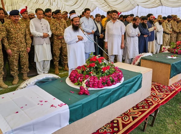Lashkar-e-Taiba (LeT) terrorist Hafiz Abdul Rauf leads funeral prayers for terrorists killed in Indian airstrikes in Muridke during Operation Sindoor. | AFP.