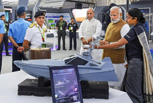 Indian Prime Minister Narendra Modi and Defence Minister Rajnath Singh at the 14th edition of Aero India 2023, in Bengaluru, on February 13, 2023. | PTI.