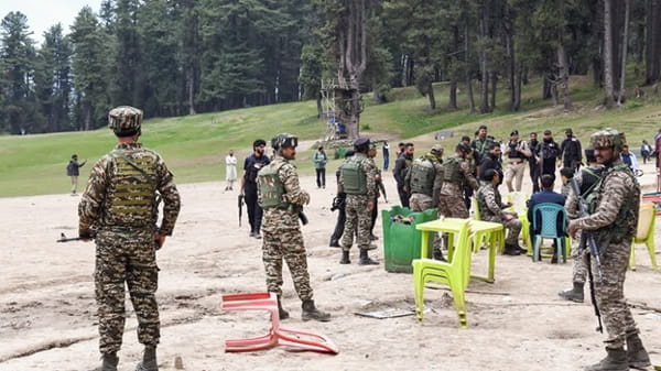 Indian security forces at the Baisaran Meadow, the site of the attack. | ANI.