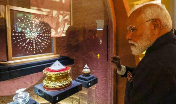 Indian PM Narendra Modi at the ‘The Light and the Lotus Relics of the Awakened One’ Exhibition in New Delhi