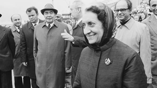 Indian Prime Minister Indira Gandhi and Soviet leader Leonid Brezhnev (4th from left with a hat and tie) in Moscow on June 8, 1976. The two countries signed a Friendship Treaty under their leadership in 1971. | AP/Boris Yurchenko/fox59.com.