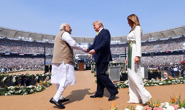 Indian Prime Minister Narendra Modi greets the President of the US, Donald Trump and the First Lady of the US, Melania Trump at Motera Stadium in Ahmedabad on February 24, 2020. | MEA