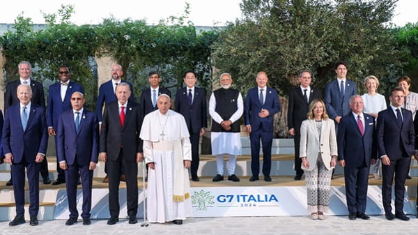Indian Prime Minister Narendra Modi with G-7 leaders and other participants during the outreach session of 50th G-7 Summit, in Apulia in 2024. | ANI