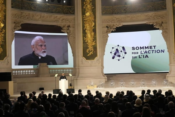 Narendra Modi addresses the audience during the Artificial Intelligence Action Summit in Paris