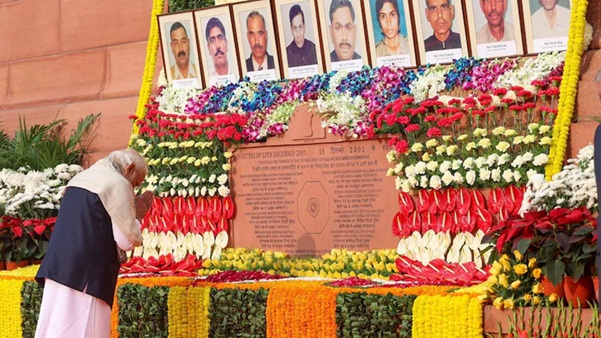 Indian Prime Minister Narendra Modi paying his respects to the victims of the 2001 Indian Parliament attack, December 2023. | X/@narendramodi.